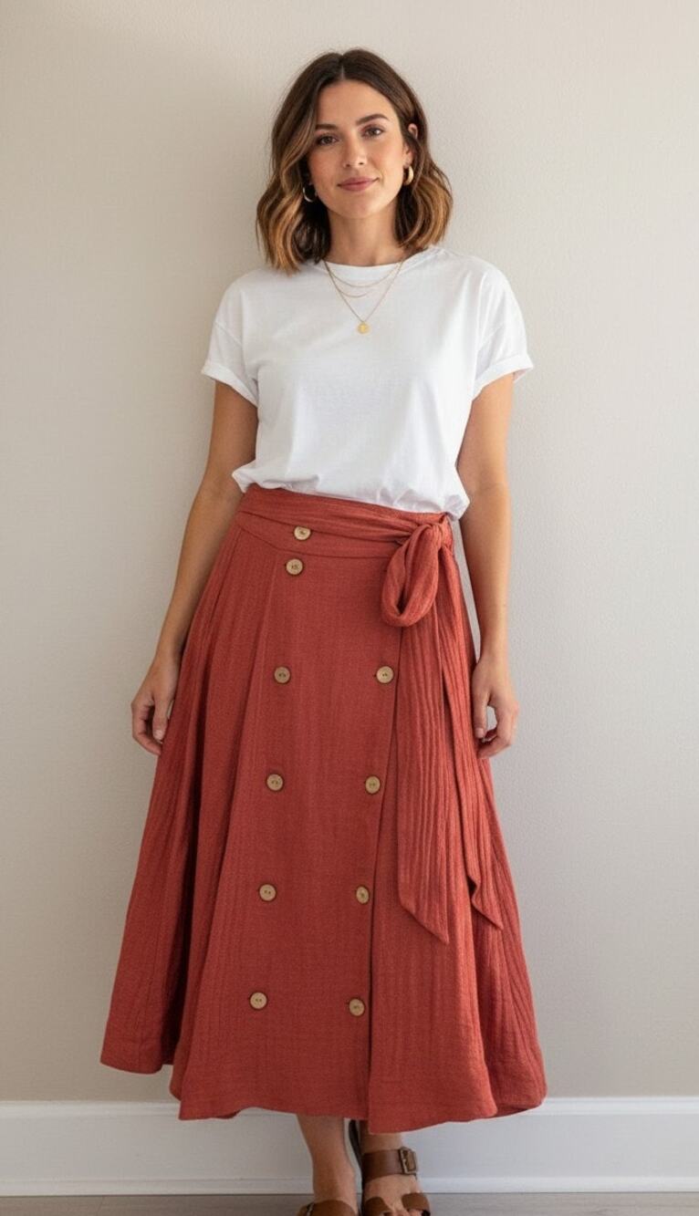 LISA MARIE FERNANDEZ Diana Linen-Blend Gauze Wrap Midi Skirt Coral Sz 1 US 2 XS